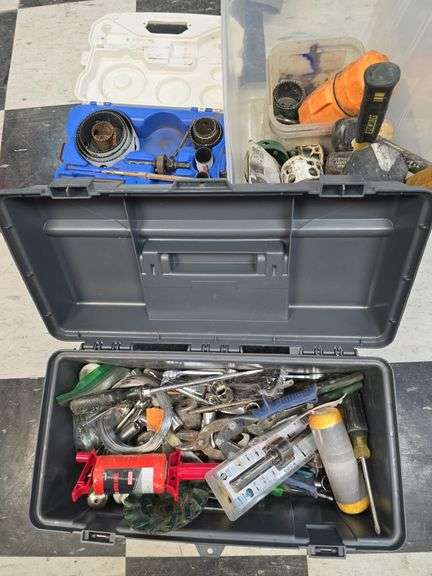 Lenox hole saws, other drill bits and toolbox w/ assorted tools image
