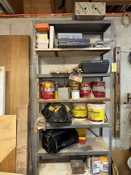 Metal shelf unit and contents, Wagner painter, tool bag, nails, and more image