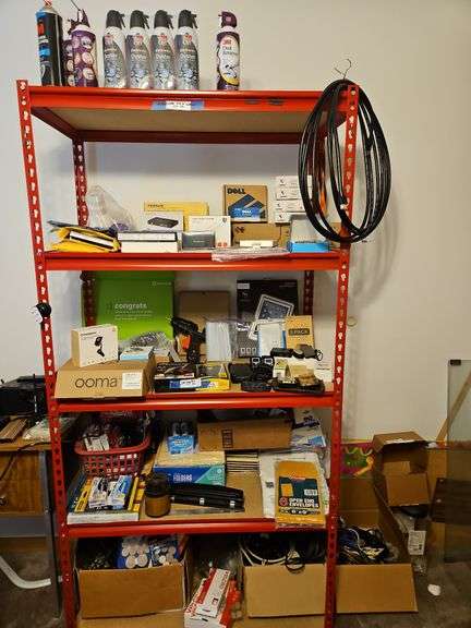 Office Supplies, Glue Gun, Cords, Cimpressed Cans of Air, and More.... ALL Contents of Sheving Until and Floor to the right (Bring Boxes to Pack)
