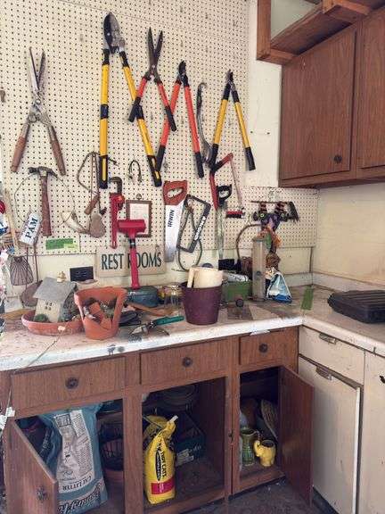 Hand tools, loppers, decor, drill bits, cat litter, planters, etc image