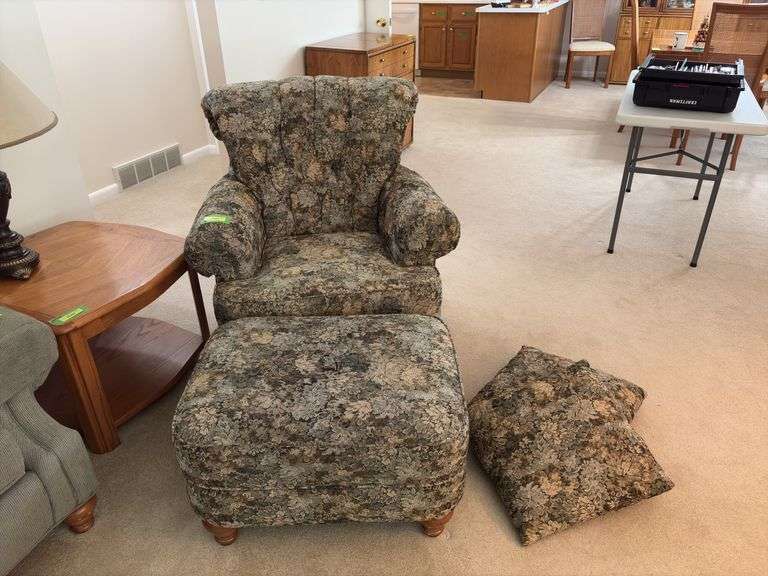 Flexsteel floral pattern chair and ottoman plus pillows