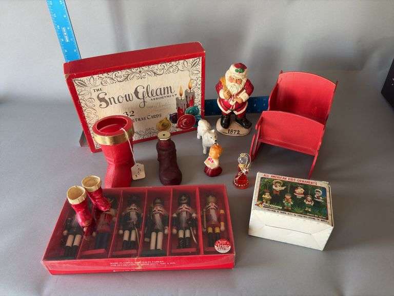 Christmas vintage and modern-ornaments, boots, wood sleigh, choir candle image