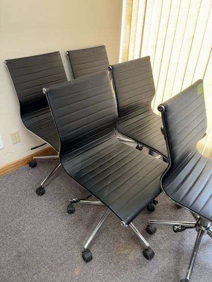 Five rolling adjustable height office chairs, see photos for condition
