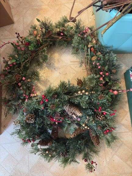 Christmas ornaments, bulb tote and two wreathes
