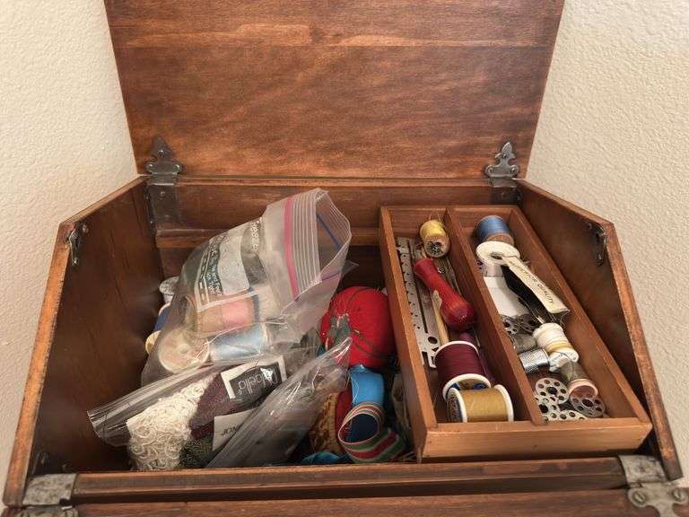 Lift lid sewing box and sewing notions, hinge on lid is bad