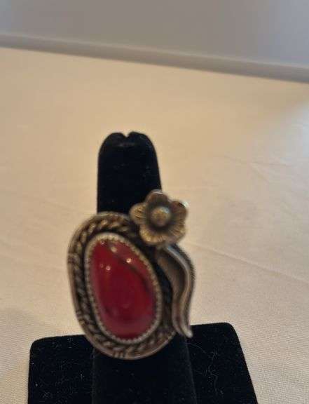 Vintage red coral ring marked Mexico TA-176, size approximately 7 image