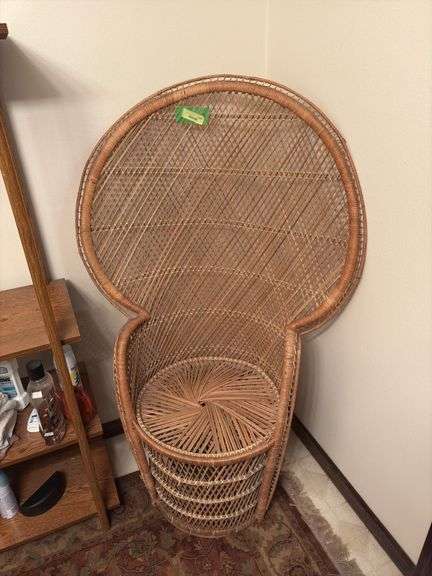 Fan back wicker chair and throw pillow