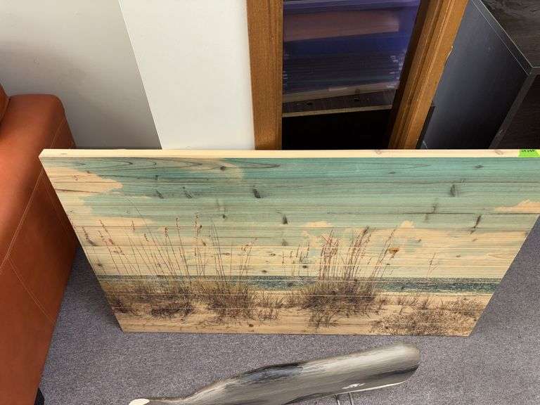 47x30 ocean scene on wood picture, whale with a broken tail and decorative divers helmet