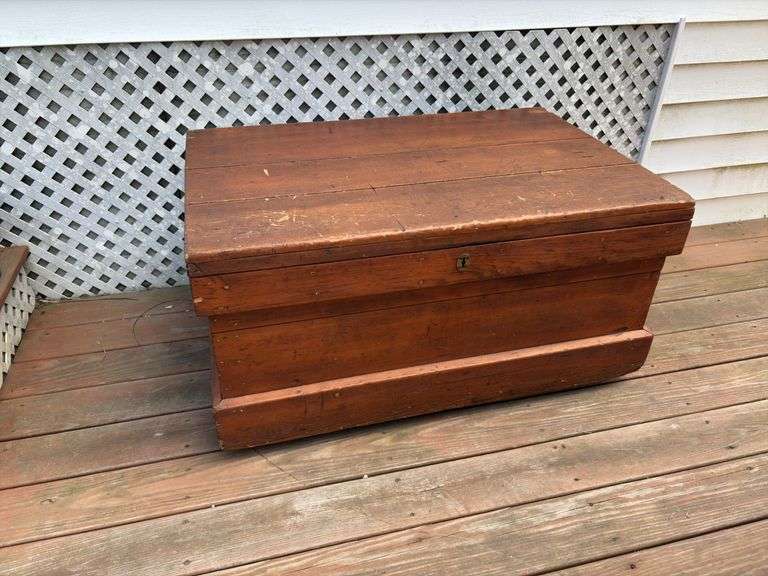 Great pine trunk 4 handles, lift lid top square nails, divided interior, tongue and groove boards image