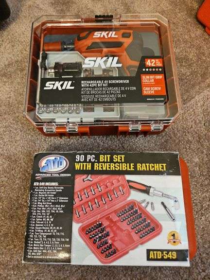 Skil Rechargeable 4v screwdriver with 42pc Set (New in Case), 90 Piece Bit Set with Reversible Ratchet (New) image