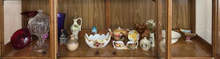HP eyeglass holder, tea pot, large covered compote, red glass, etc All on BOTTOM shelf image