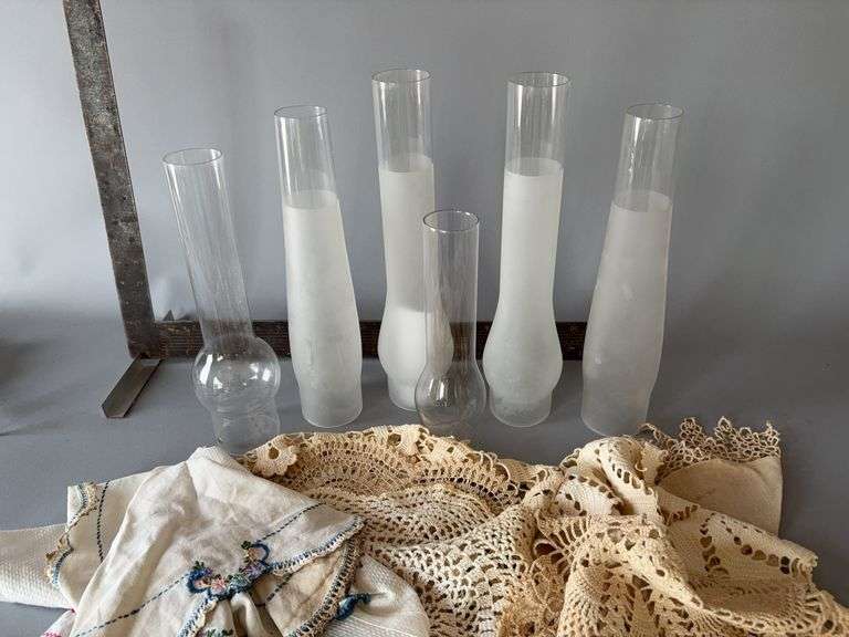 Six lamp chimneys,clear and frosted, handiwork to keep them safe image
