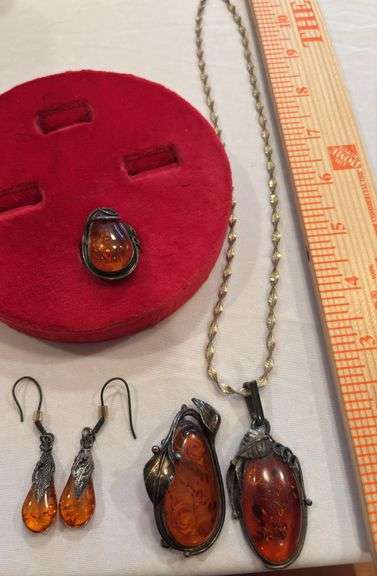 Vintage Amber Pendant, Pin, Earrings and ring (size approximately 7) image