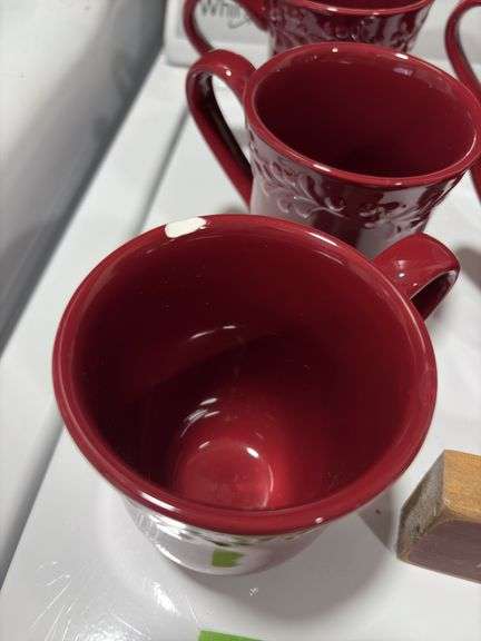 Better Homes & Gardens milk and cookie service for 5 and a holiday sign One mug is chipped