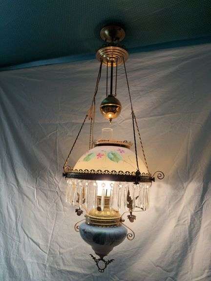 Hanging prism ring light, hand painted shade and font, electrified, ceiling reel w/unique counter weight, 3 matching rings, birds on frame image