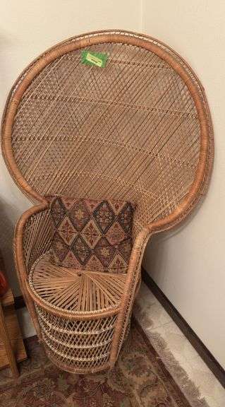 Fan back wicker chair and throw pillow image