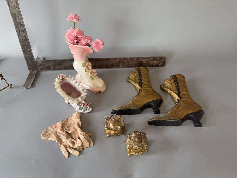 Fancy shoes,not for wearing, two trinket boxes and teeny tiny gloves image