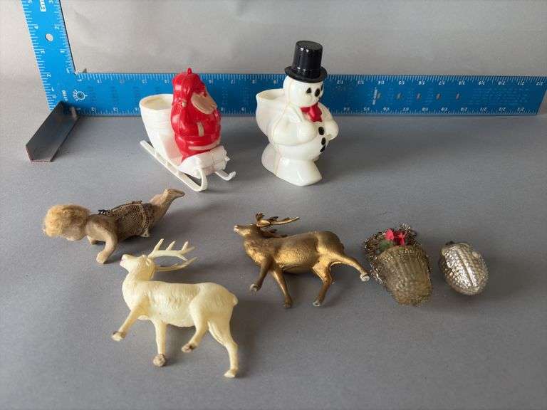 Hard plastic snowman, Santa and sleigh, celluloid reindeer, etc image