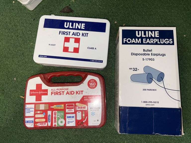 Uline foam ear plugs, Uline first aid kit and J&J first aid kit image