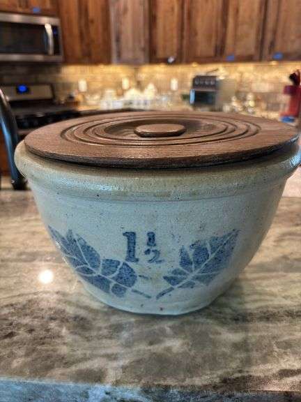 Stoneware Crock bowl 7” high with wooden lid and blue decorative pattern marked 1/12 image