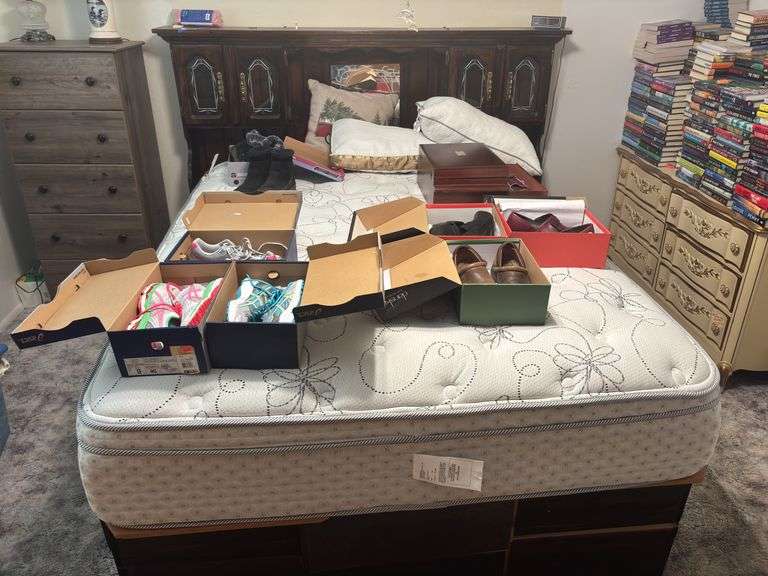 King size water bed headboard and frame with drawer storage includes a queen size mattress image