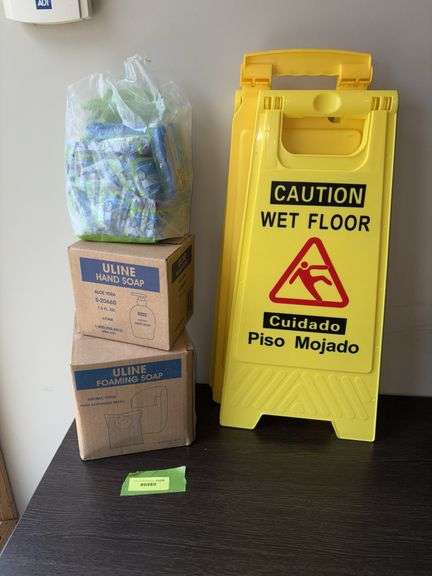 Uline aloe vera hand soap(6), Uline foaming soap (4), sponges and wet floor signs image