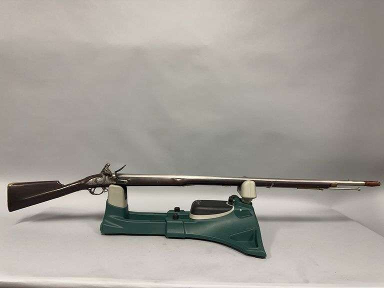 Antique Flintlock musket 59" 0verall length, brass butt plate, brass trigger guard and accents, flintlock mech engraved with Crown and GP initials, GRICE 1762 image