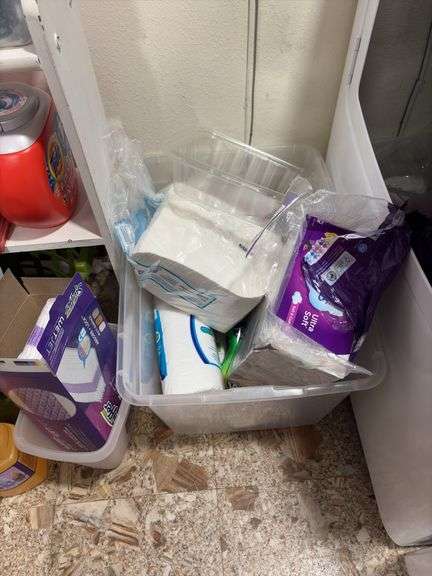 Cleaning supplies, luggage, hangers, paper items, small shelf, laundry soap and more