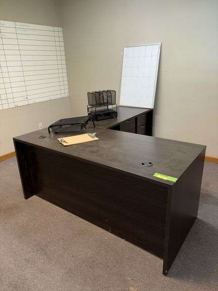 78x66x29H two piece desk unit with (2) under desk file drawers, whiteboard, desktop office file holders image
