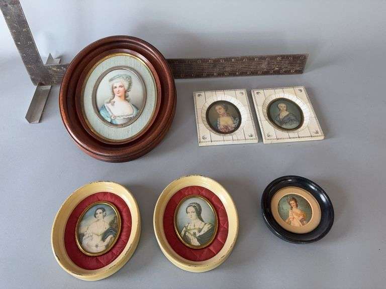 Six Victorian framed women-pictures may be porcelain, plastic and paper Can’t say 100% image