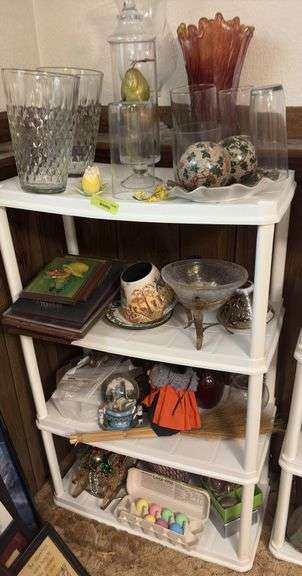 Shelf and all includes holiday decor, vases, wall art, candle shades, etc image