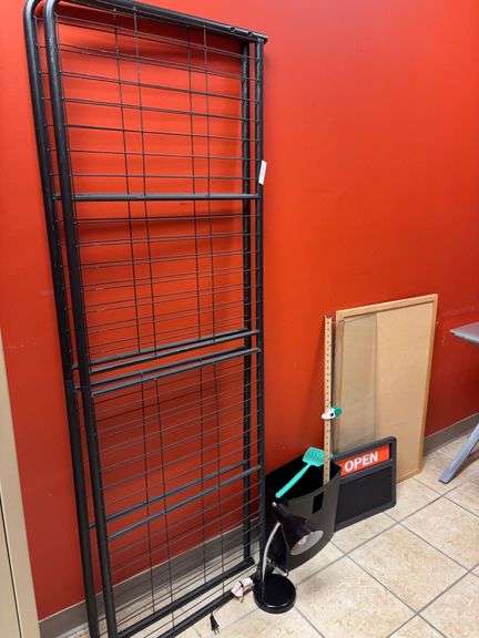 Cork board, trash can, yard stick, Open sign, two metal pieces, plexiglass pieces image