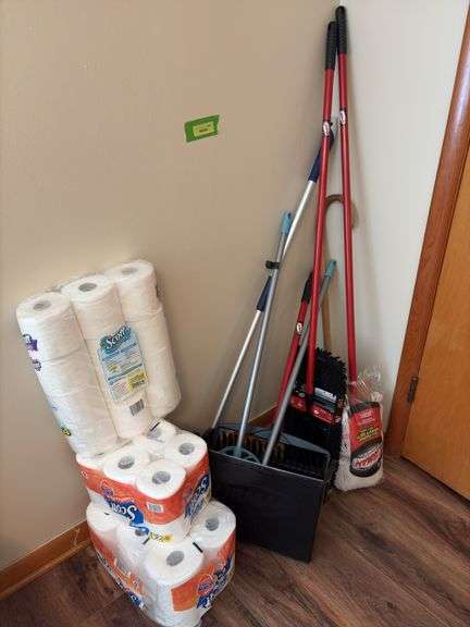 Scott brand toilet paper, Libman dust mops, broom, dustpans image