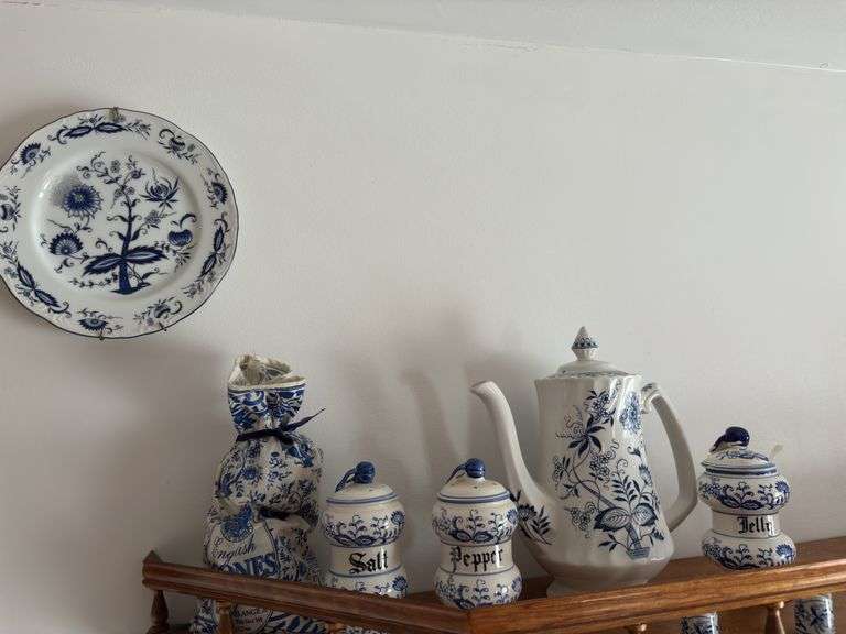 Blue Onion - tea pot, salt and pepper shakers, jelly jar, plate image