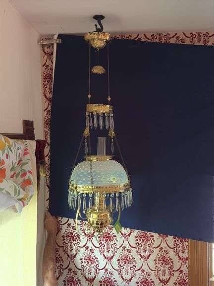 Hanging prism lamp. Milk glass opalescent hobnail shade. Professional polished frame. Retractable reel intact. Smoke bell. image