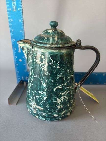 Green swirl enamelware one man coffee pot, 7” tall image