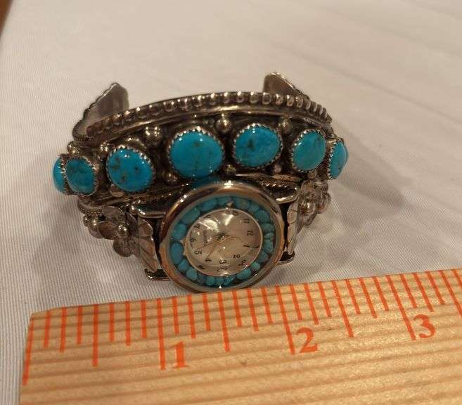 Vintage Native American Turquoise cuff watch band marked Jameson, Quartz watch image