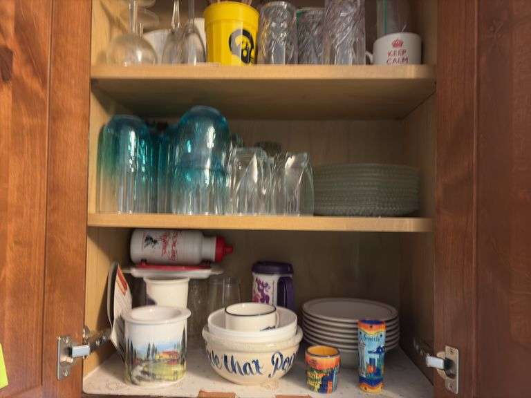 Lotsa coffee mugs, plates, cake plates, bowls, drinking glasses and more “F” cupboards