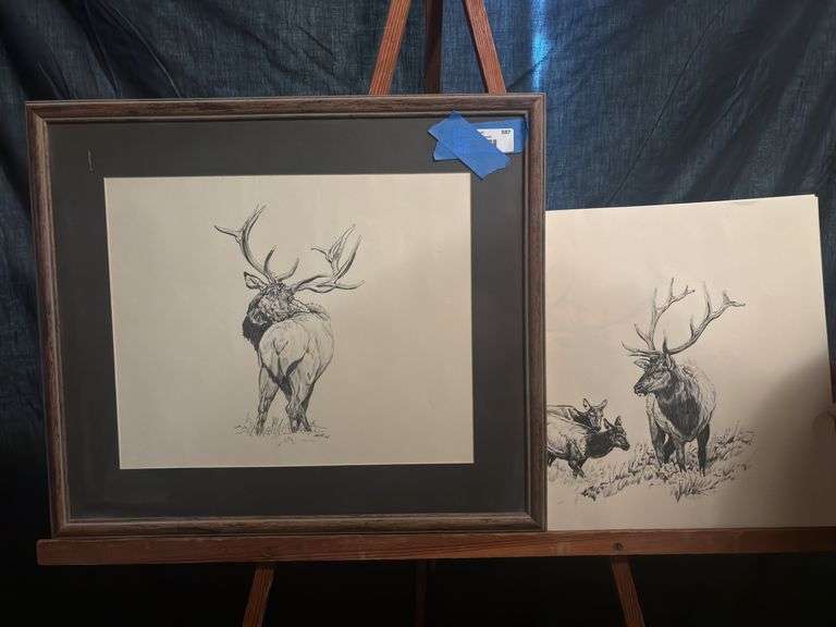 Elk pencil sketches by Haker signed and numbered - one framed, five unframed image