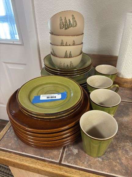 Setting for four - green and brown dishes, Thomson pottery plus four rustic retreat, pine tree bowls and six Pfaltzgraff ceramic brown plates image