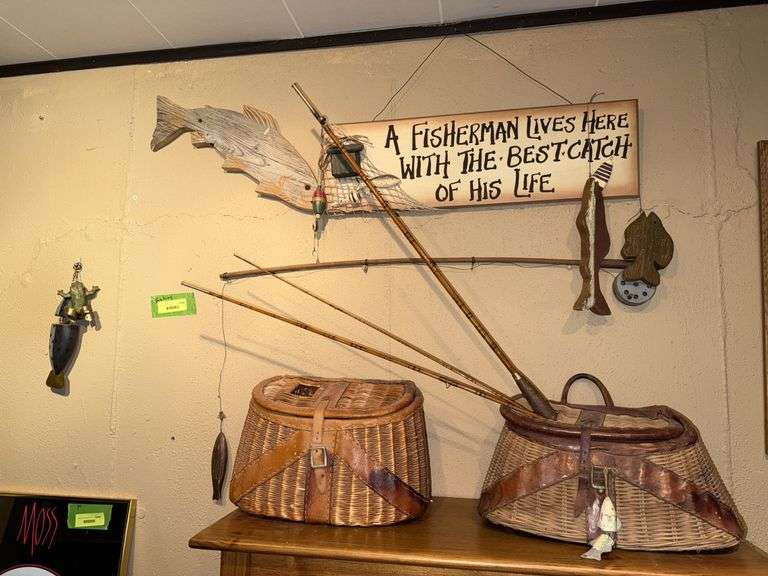 Fishing decor, 2 creels, bamboo fly rod etc... image