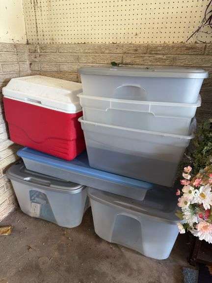 Quantity of totes and a cooler image