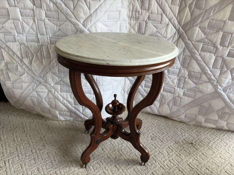 Walnut marble top parlor table on porcelain casters 18 x 24 x 30H image