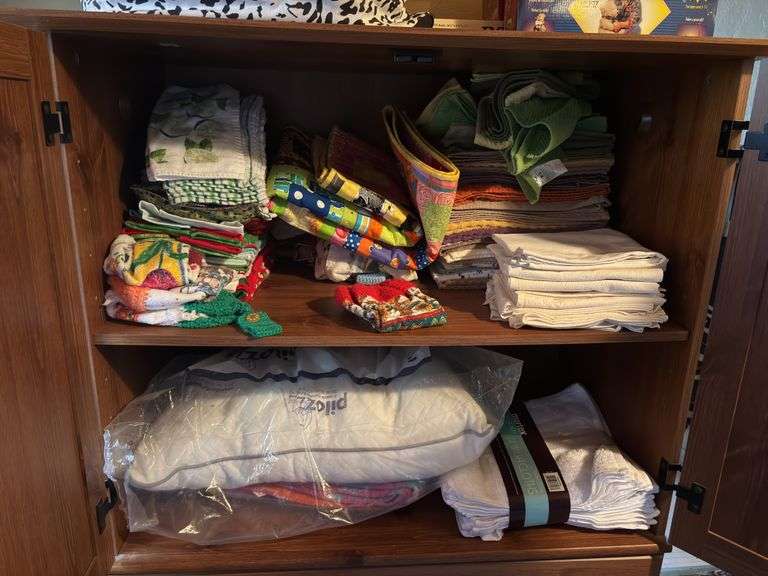 Large quantity of dish towels, baby quilt, washcloths, pillow, blanket image