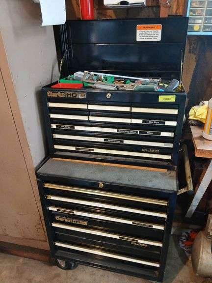 Clarke HD Plus 27" 9 drawer lift lid tool chest, rolling 5 drawer base and contents-wrenches, hose ends, and MORE Please see photos image