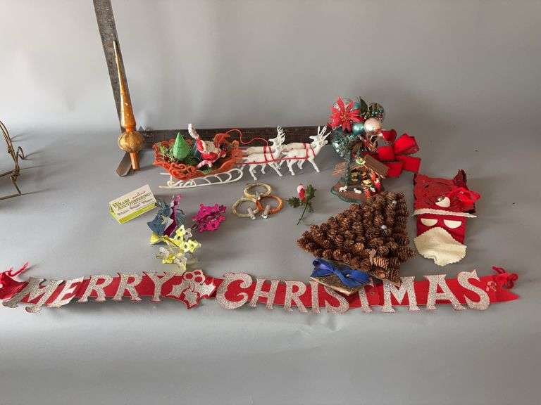 Vintage Christmas decor-tree topper, pine cone tree, ornaments, etc image