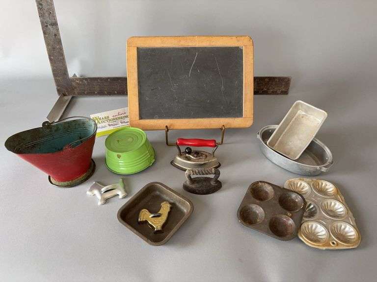 Tiny items- cookie cutters, irons, kitchen pans, school slates, etc image