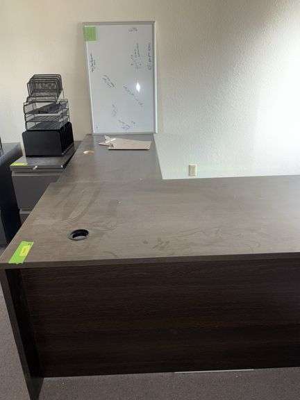 78x66x29H two piece desk unit with white board and other office file holders