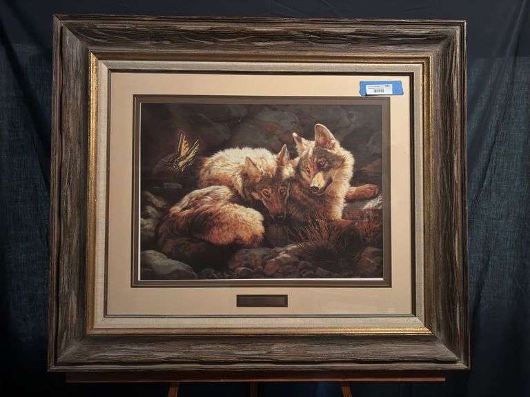 Signed and numbered Barbara Peets print “Curiosity” Swallowtail and Yearling Wolves 39 1/2 x 34 image