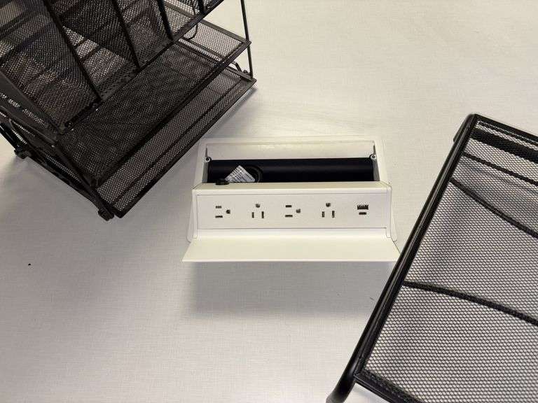 60x29 Formica topped conference  table, egg shaped, with power outlet and office file holders